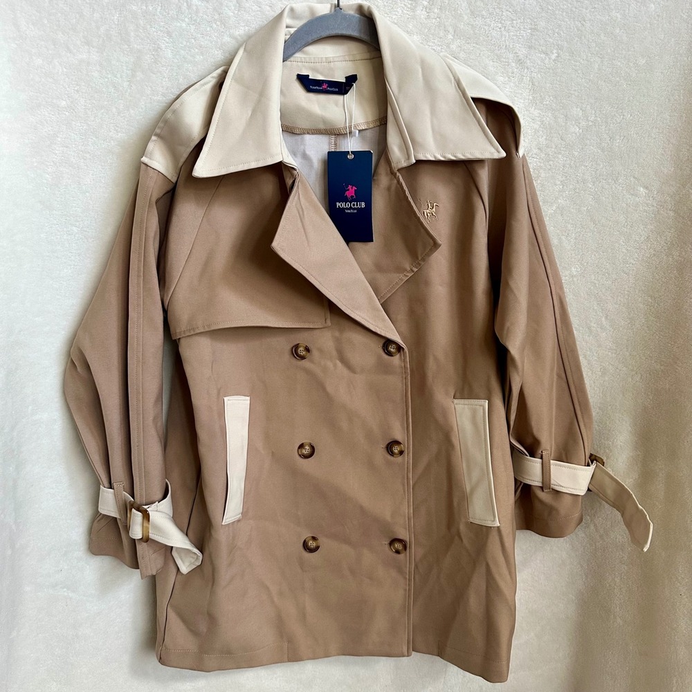 York Team Polo Club Trench Jacket NWT Size 11 Khaki Cream Belted